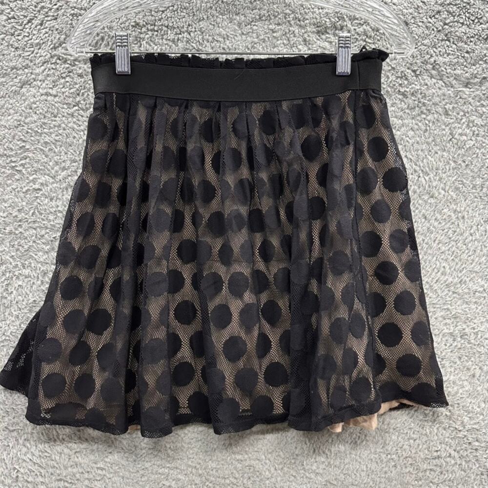 Weston Wear Small Skirt Sheer Black Polka Dot Tan Slip‎ Elastic Waist A-Line